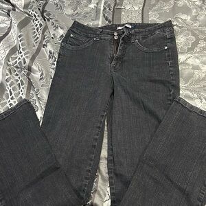 Black jeans, bootleg, some stretch little bit of fray as seen in last picture